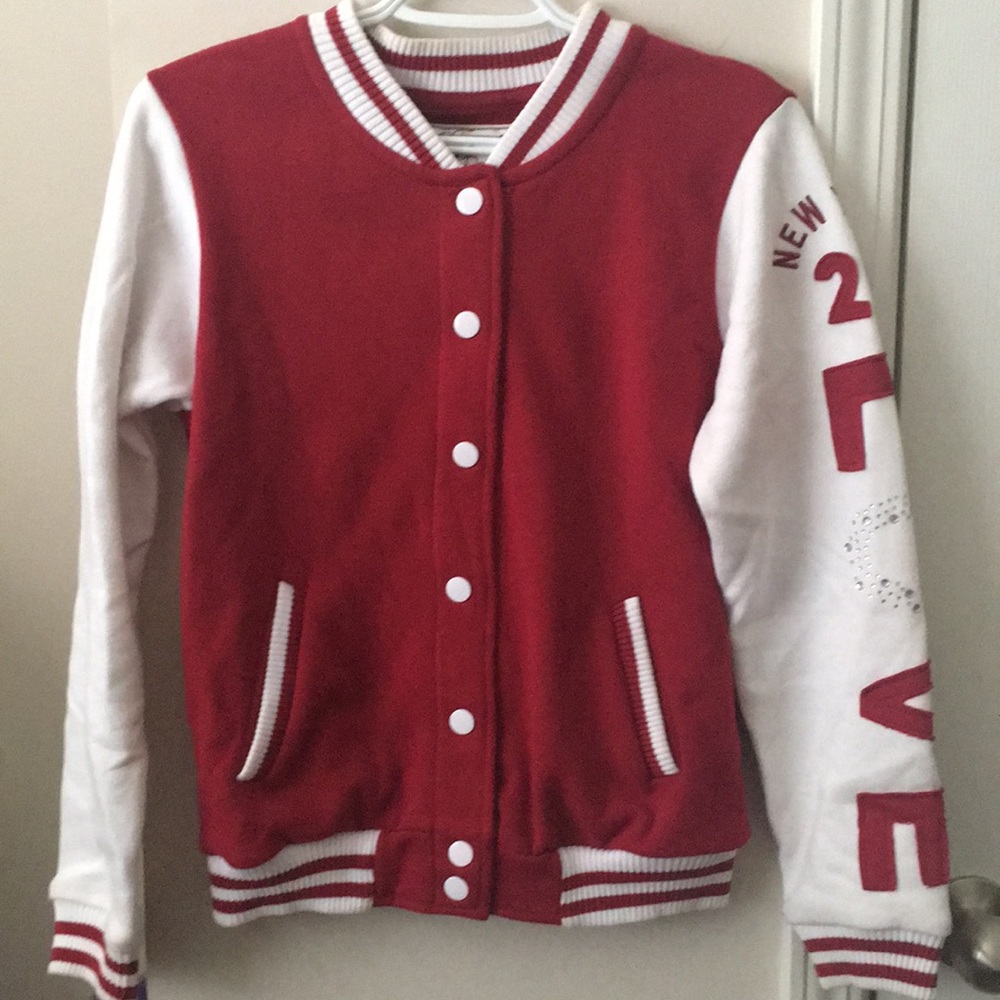 Red and white varsity jacket